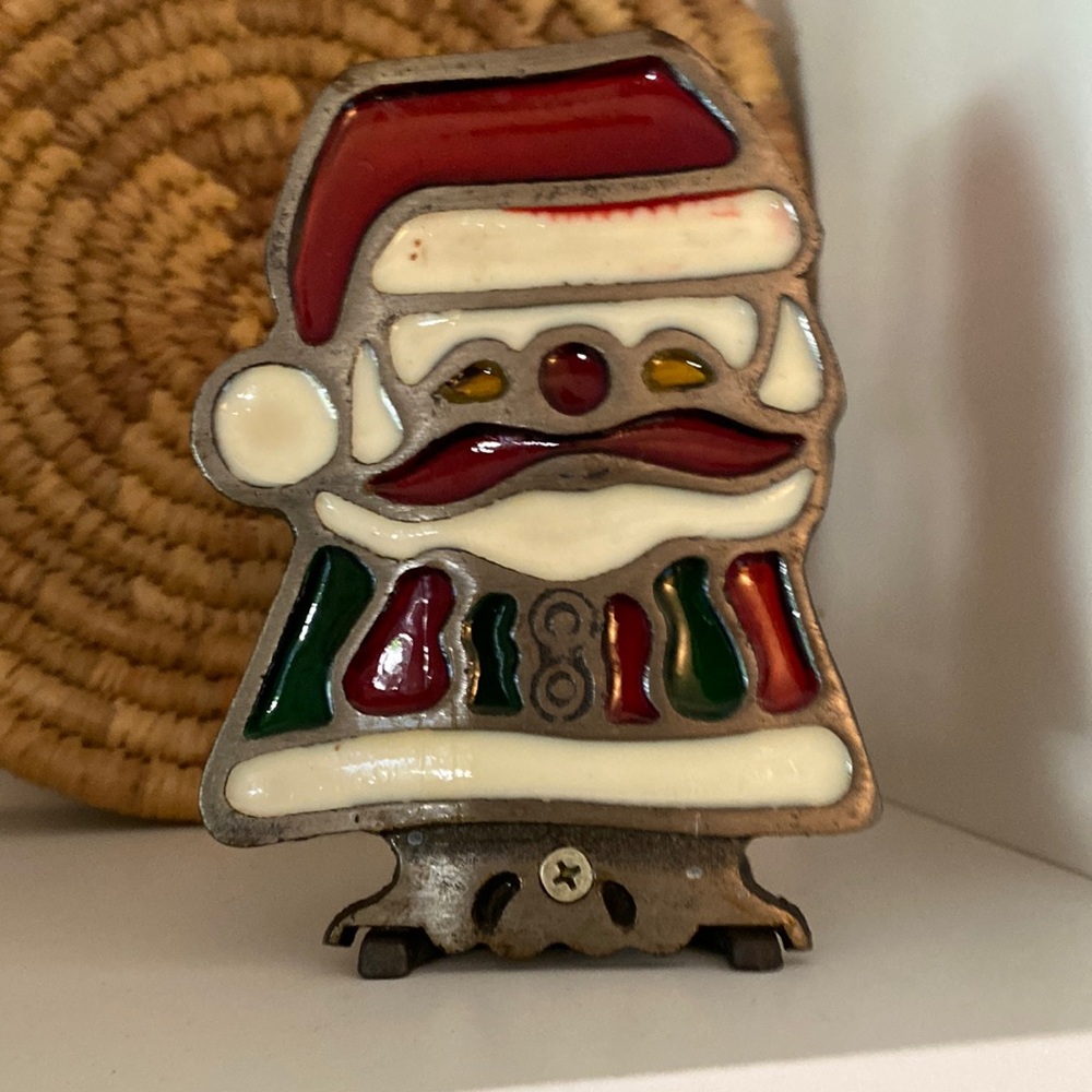 VTG 80s Tiffany Style Glo Candle Santa Claus Christmas Votive Holder